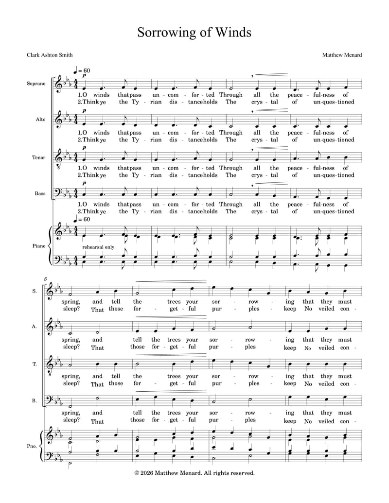 First page of the score of Sorrowing of Winds, for SATB choir with a rehearsal piano part