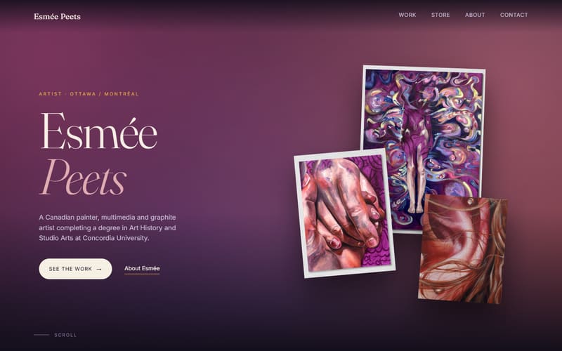 Home page of esmeepeets.com: the name in large serif type beside three of her paintings on a plum background